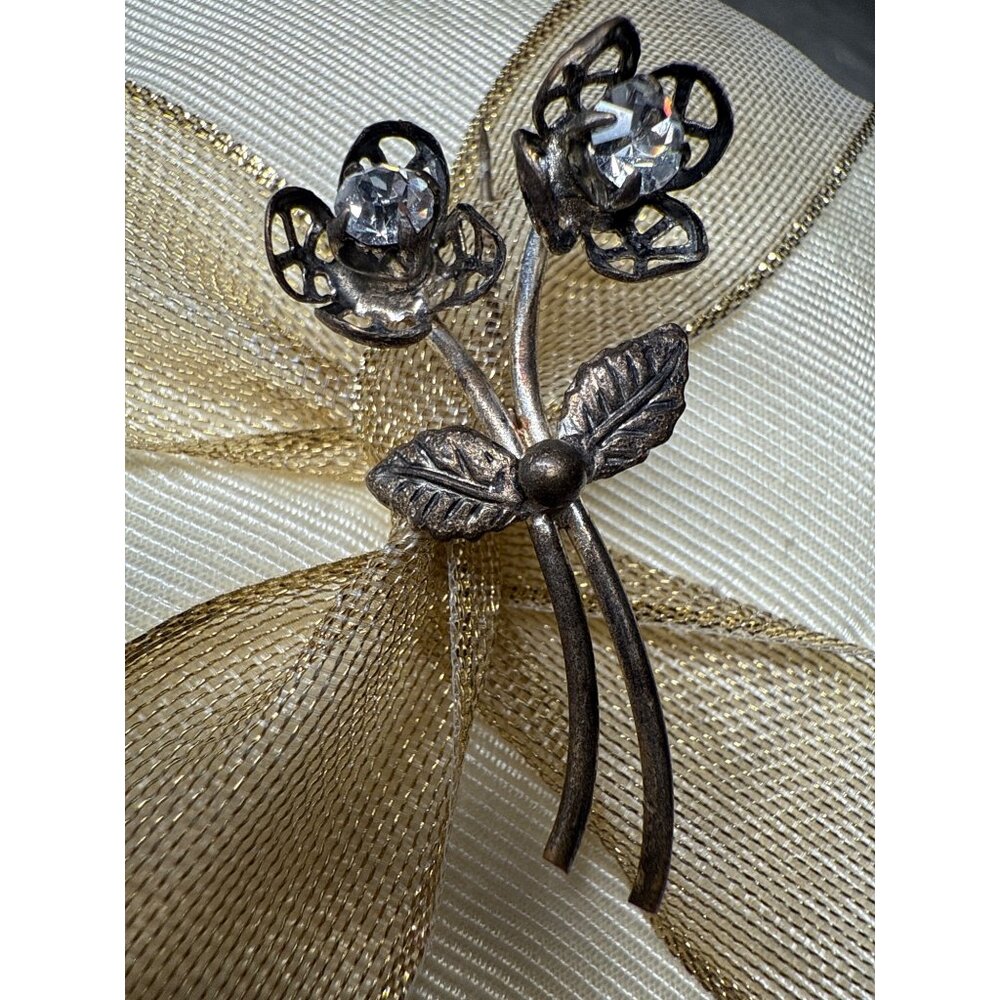 Vintage Silver-Toned Floral Brooch With Clear Rhinestones Teenie Tiny